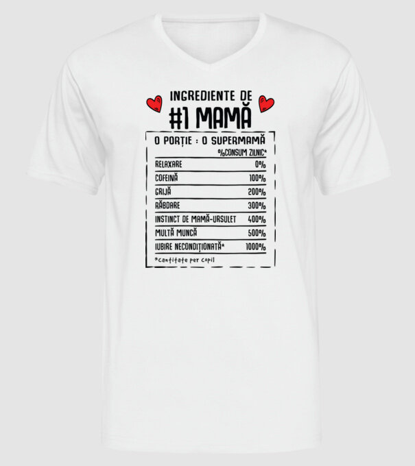 Ingrediente de Mamă - o porție : o supermamă - %consum zilnic* relaxare, cofeină, grijă, răbdare, instinct de mamă-ursuleț, mult model alb pe tricou