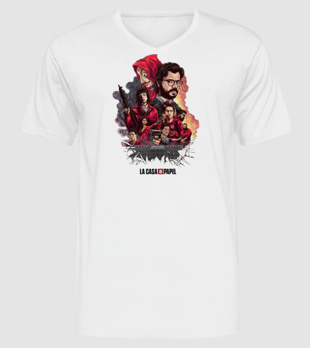 la casa de papel poster theme model alb pe tricou
