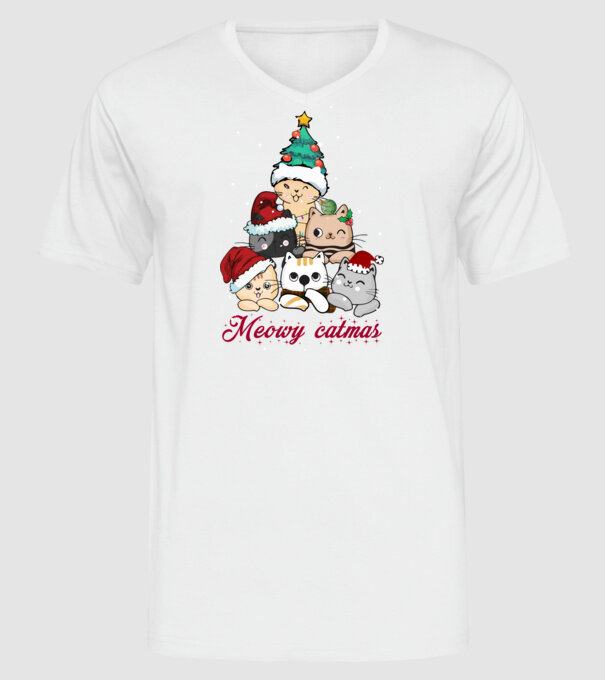 Meowy catmas model alb pe tricou