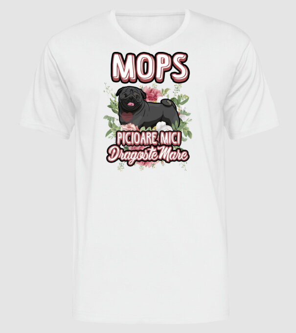 Mops negru picioare mici dragoste mare model alb pe tricou