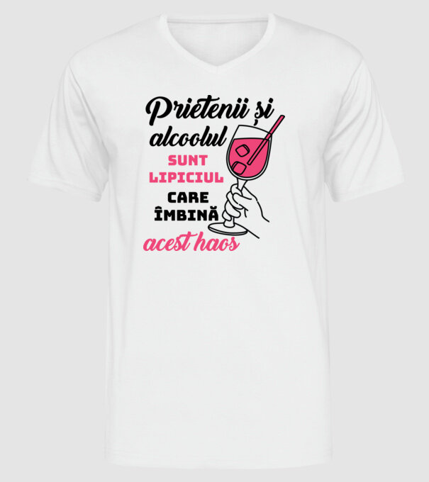 Prietenii și alcoolul sunt lipiciul care îmbină acest haos model alb pe tricou