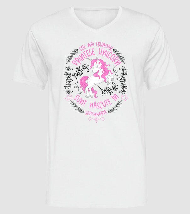 Cele mai frumoase prințese unicorn sunt născute în Septembrie model alb pe tricou
