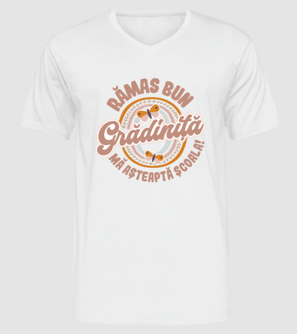 Rămas bun grădiniță, mă așteaptă școala! model alb pe tricou