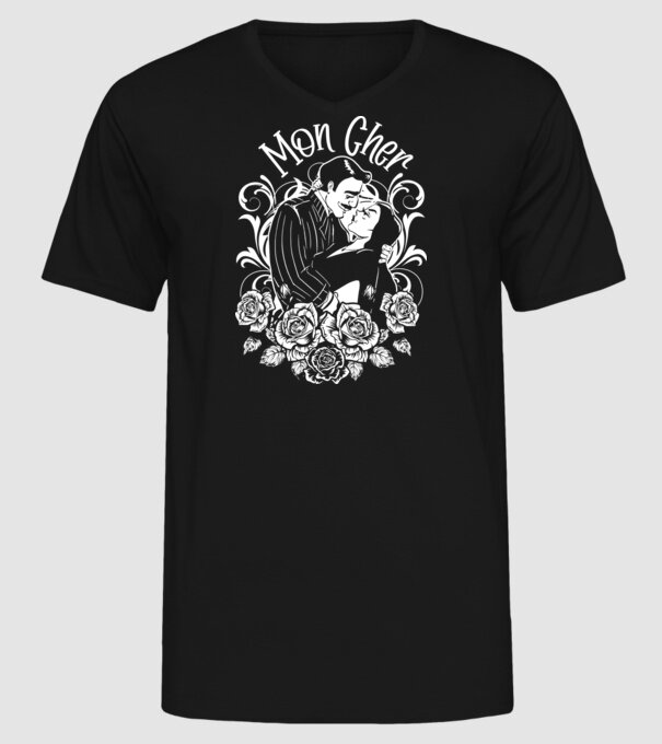 Addams family couple shirt Morticia and Gomez Mon cher model negru pe tricou