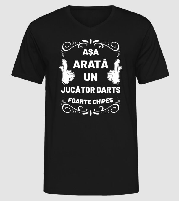 Așa arată un JUCĂTOR DARTS foarte chipeș model negru pe tricou