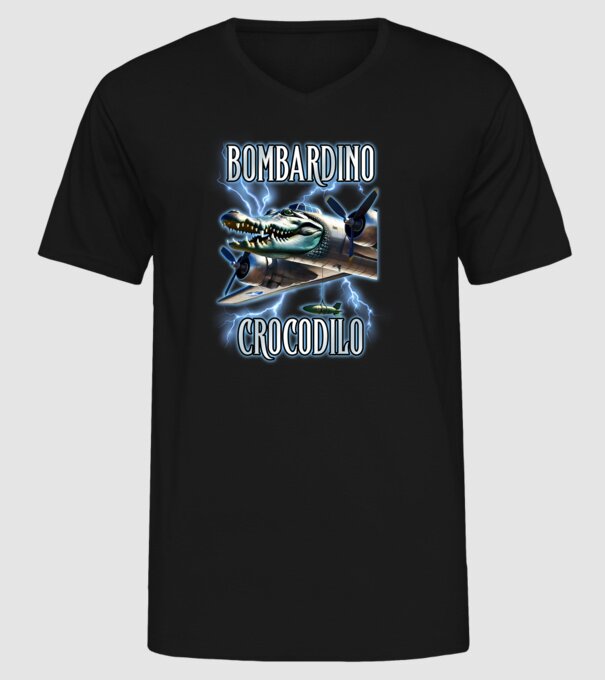 Bombardino Crocodilo model negru pe tricou