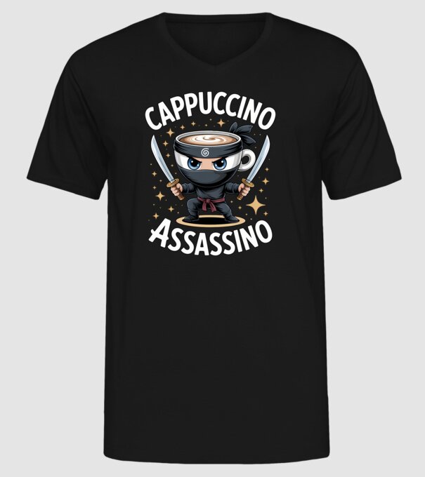 Cappuccino Assassino model negru pe tricou