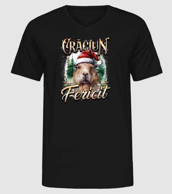 Capybara christmas model negru pe tricou