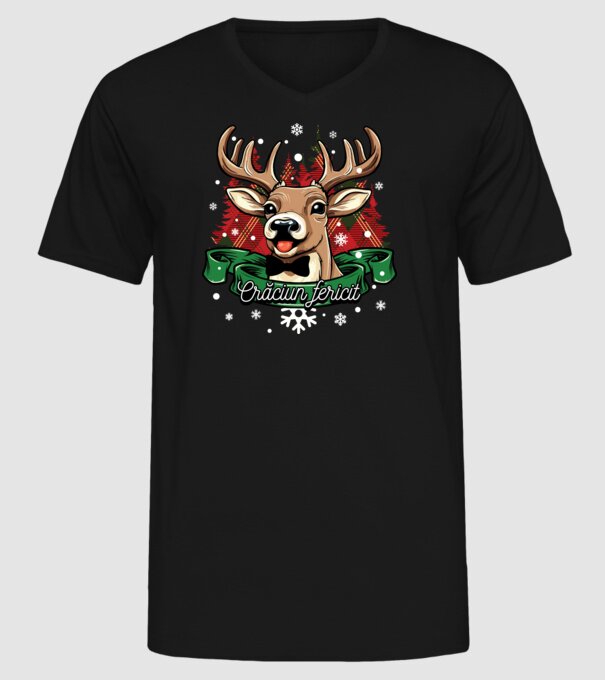 Cerb de Crăciun model negru pe tricou