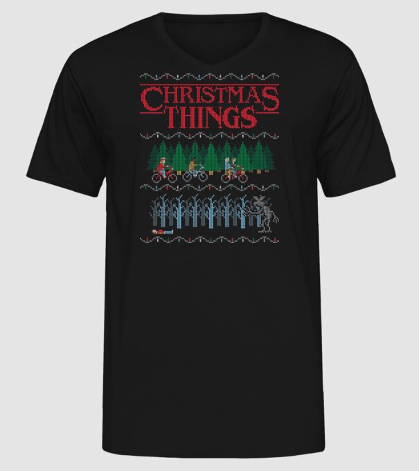 christmas things ugly sweater model negru pe tricou