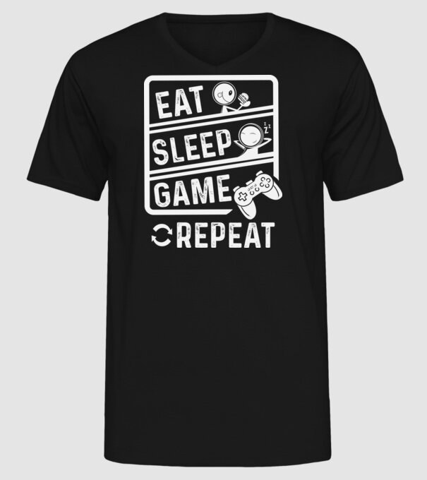 Eat sleep game repeat model negru pe tricou