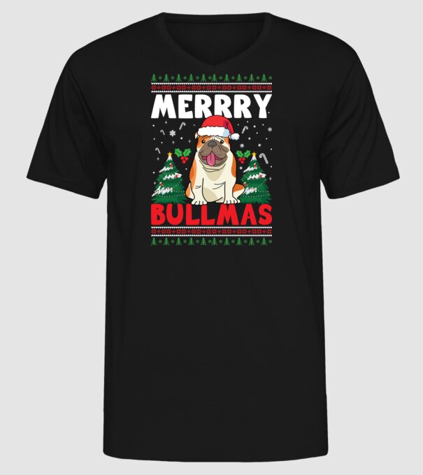 Merry bullmas ugly sweater model negru pe tricou