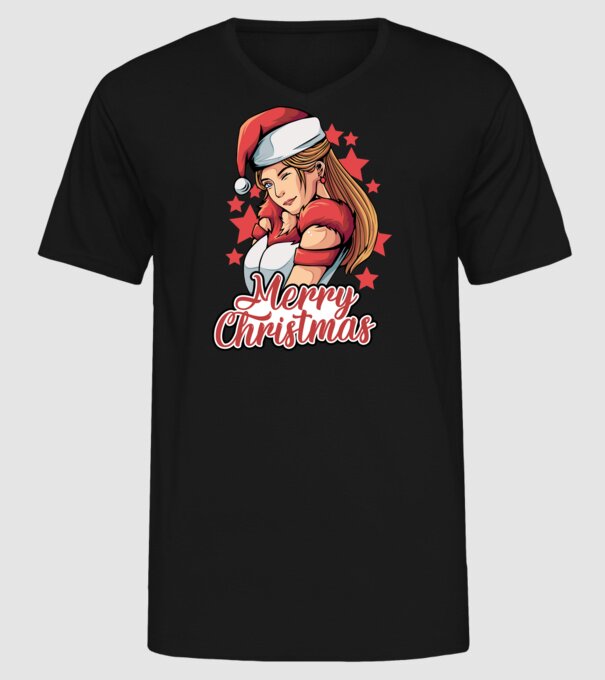 Merry christmas santa girl model negru pe tricou