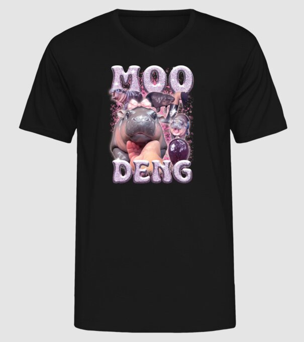 MOO DENG baby hippo model negru pe tricou