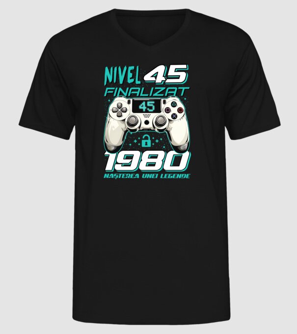 Nivel finalizat 45 1980 model negru pe tricou