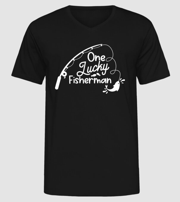 One lucky Fisherman model negru pe tricou