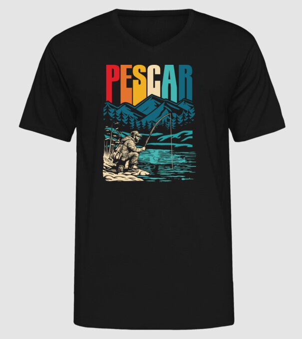 Pescar retro model negru pe tricou