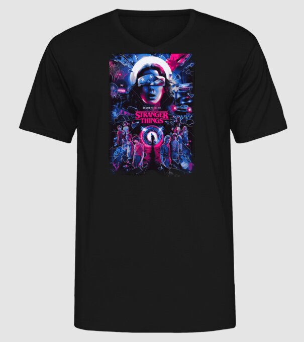 stranger things poster neon model negru pe tricou