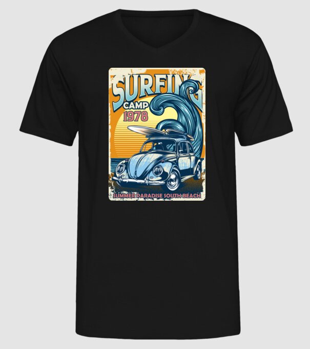 Surfer Camp model negru pe tricou