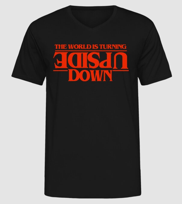 the world is turning upside down model negru pe tricou