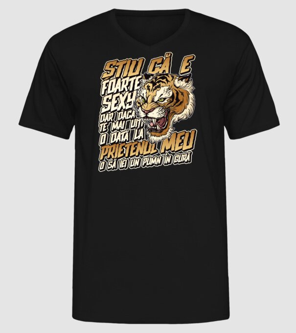 Știu că e foarte sexy, dar dacă te mai uiți o dată la prietenul meu, o să iei un pumn în gură model negru pe tricou