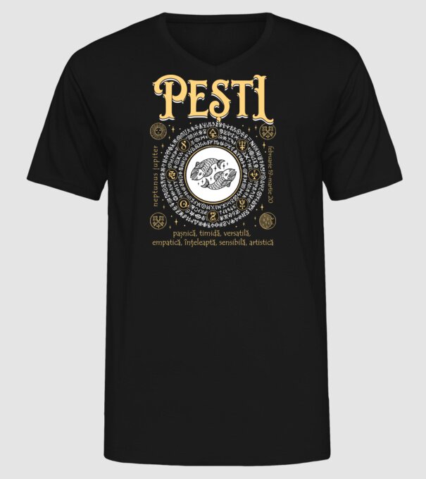 Zodiac femeie PEȘTI golden model negru pe tricou