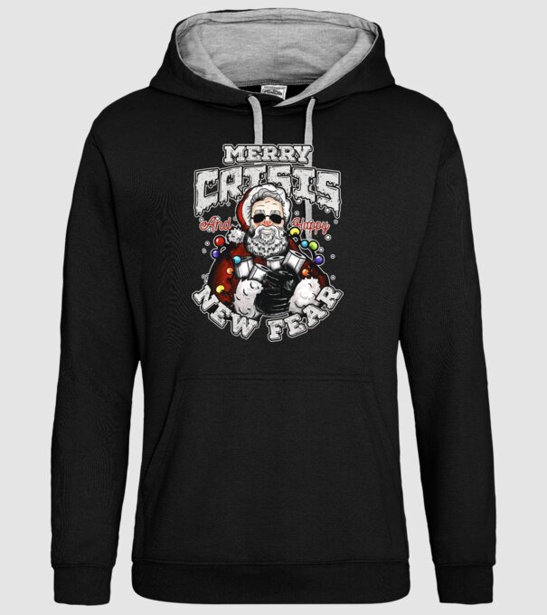 Merry Crisis and Happy New Fear model negru pe tricou