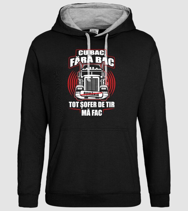 Cu bac, fără bac, tot șofer de tir mă fac model negru pe tricou