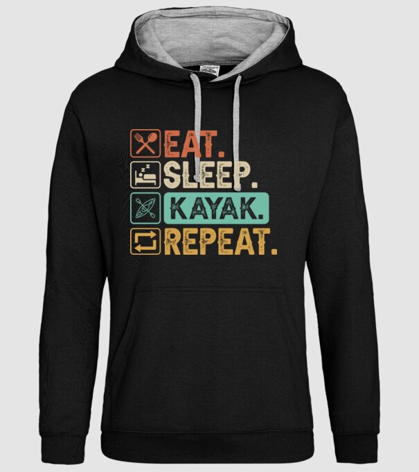 Eat Sleep Kayak model negru pe tricou