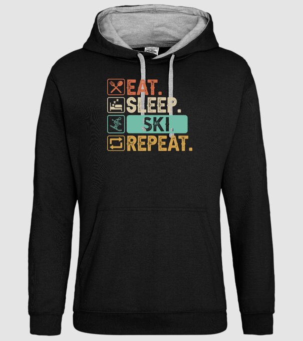 Eat Sleep SKI Repeat model negru pe tricou