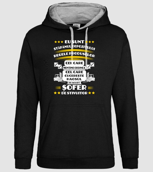 eu sunt stăpânul depozitului, regele produselor, cel care menține ordinea, cel care cucerește haosul, pe scurt, șofer de stivuit model negru pe tricou