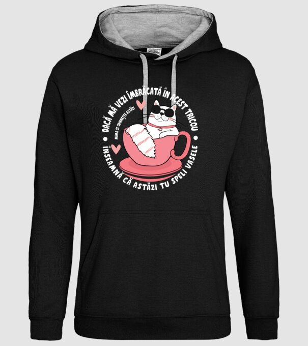 Dacă o vezi îmbrăcată în acest tricou, înseamnă că astăzi tu speli vasele. Mama se odihnește astăzi. model negru pe tricou