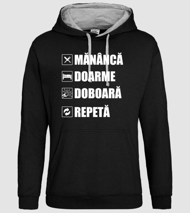 mănâncă doarme doarme doboară repetă model negru pe tricou