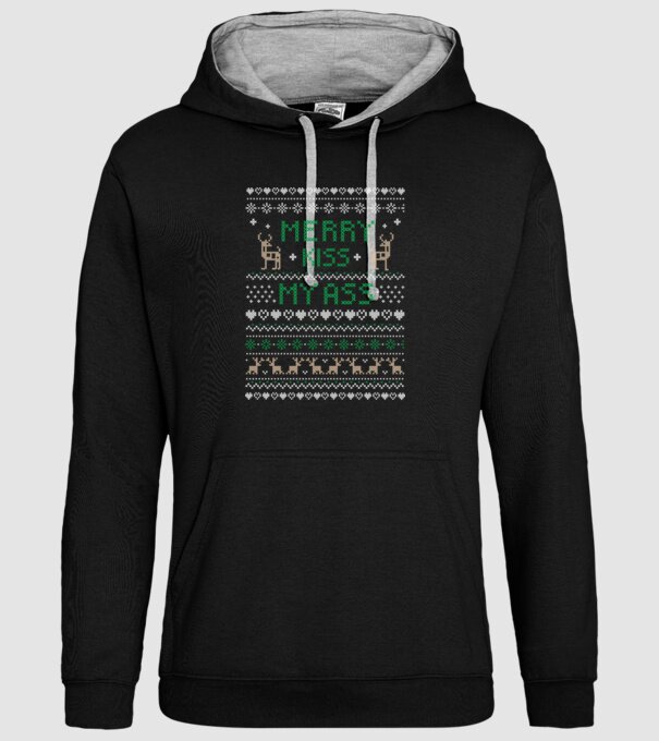Merry kiss my ass ugly sweater model negru pe tricou