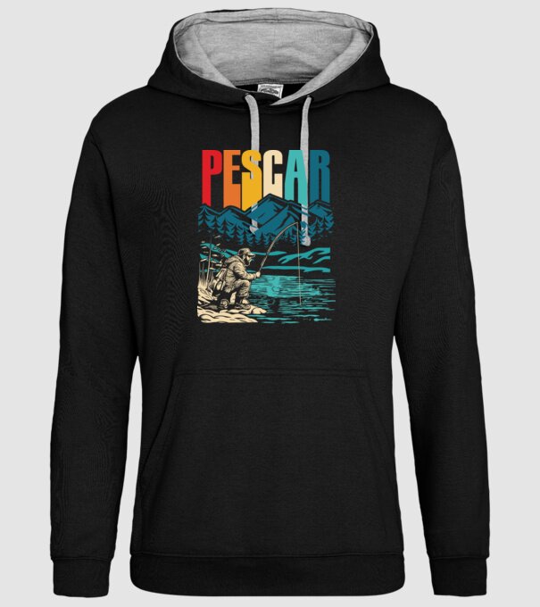 Pescar retro model negru pe tricou