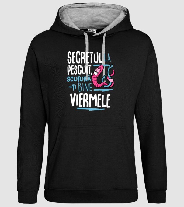 Secretul la pescuit scutură-ți bine viermele model negru pe tricou