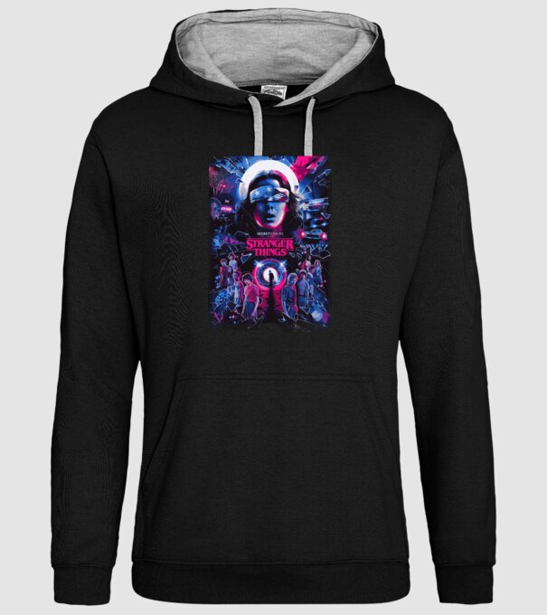 stranger things poster neon model negru pe tricou