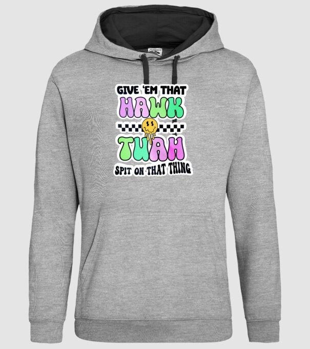 Give 'em that hawk tuah hippie trip model gri pe tricou