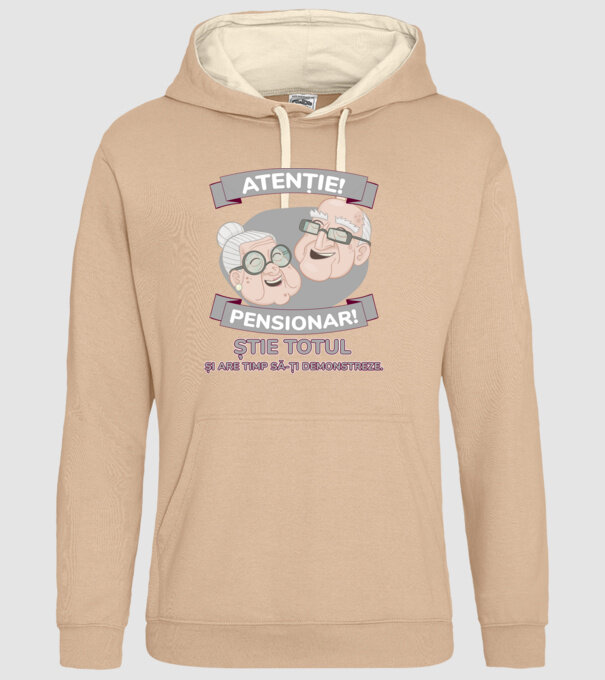 atenție! pensionar! știe totul și are timp să-ți demonstreze. model nisipiu pe tricou