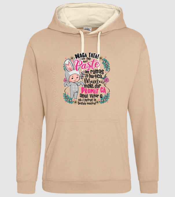 Dragă tată! De acest Paște am rămas în burtica mamei mele, dar promit că anul viitor o să-l petrec în brațele voastre! model nisipiu pe tricou