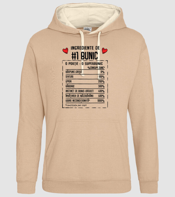 Ingrediente Bunic - o porție : un superbunic - %consum zilnic* răspuns greșit, sfaturi, umor, răbdare, instinct de bunic-ursuleț model nisipiu pe tricou