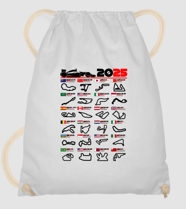 F1 calendar 2025 model alb pe tricou