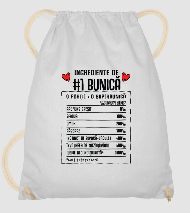 Ingrediente Bunică - o porție : o superbunică - %consum zilnic* răspuns greșit, sfaturi, umor, răbdare, instinct de bunică-ursul model alb pe tricou