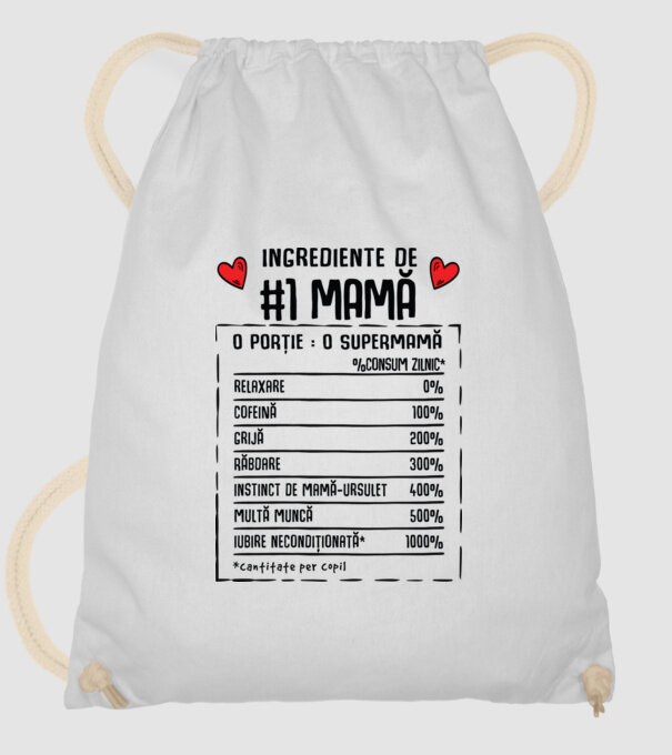 Ingrediente de Mamă - o porție : o supermamă - %consum zilnic* relaxare, cofeină, grijă, răbdare, instinct de mamă-ursuleț, mult model alb pe tricou