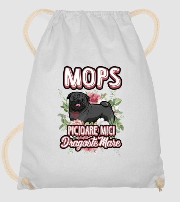 Mops negru picioare mici dragoste mare model alb pe tricou