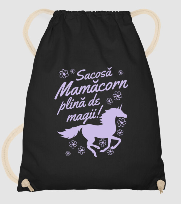 Sacoșă mamăcorn plină de magii! model negru pe tricou