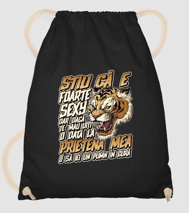 Știu că e foarte sexy, dar dacă te mai uiți o dată la prietena mea, o să iei un pumn în gură model negru pe tricou