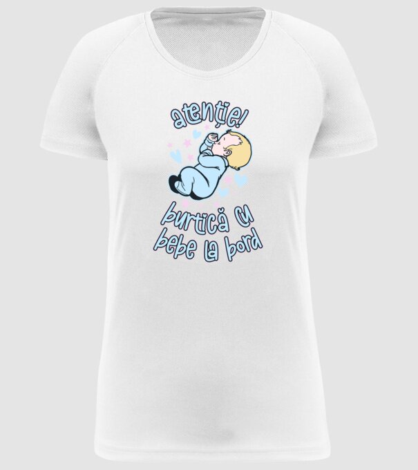 atenție! burtică cu bebe la bord model alb pe tricou
