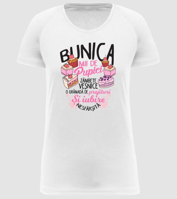 bunica - mii de pupici, zâmbete veșnice, o grămadă de prăjituri și iubire nesfârșită model alb pe tricou