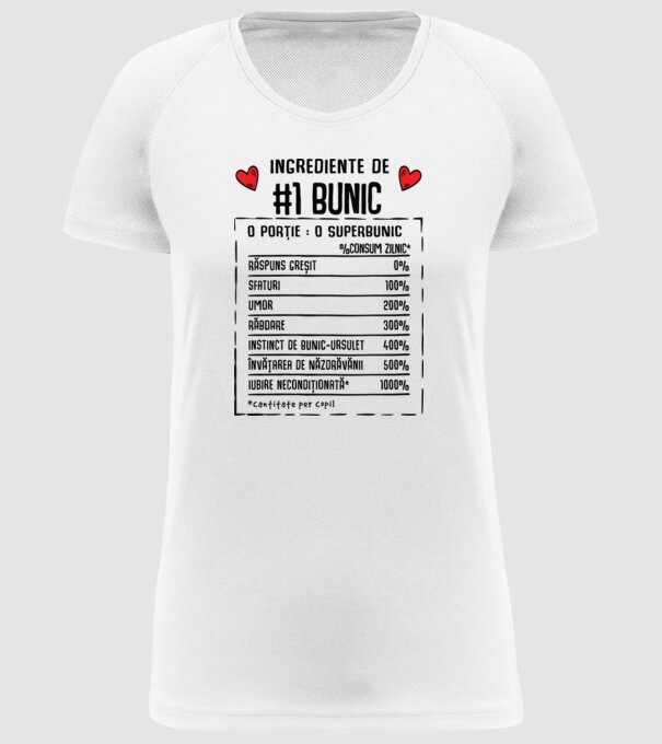 Ingrediente Bunic - o porție : un superbunic - %consum zilnic* răspuns greșit, sfaturi, umor, răbdare, instinct de bunic-ursuleț model alb pe tricou